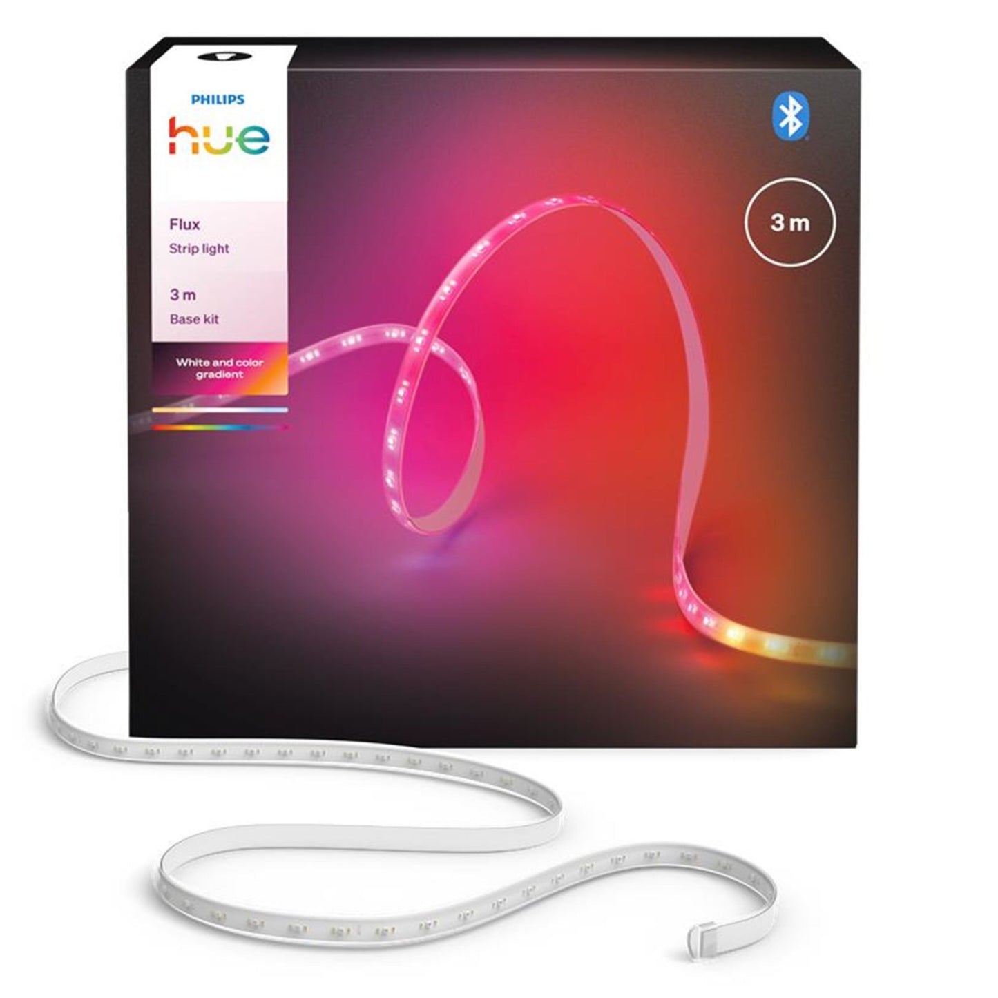 Philips Hue Flux LED-strip RGBW, 3 meter, indendørs, farveskift, Bluetooth-logo synligt på emballage.
