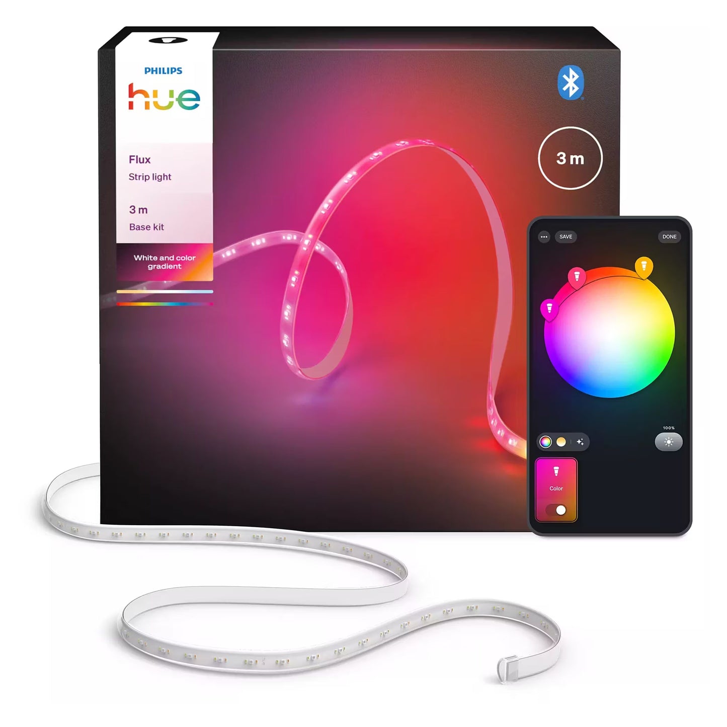 Philips Hue Flux LED-strip RGBW 3 m, lyser pink/lilla, produktæske og app til farvestyring synlig på smartphone.