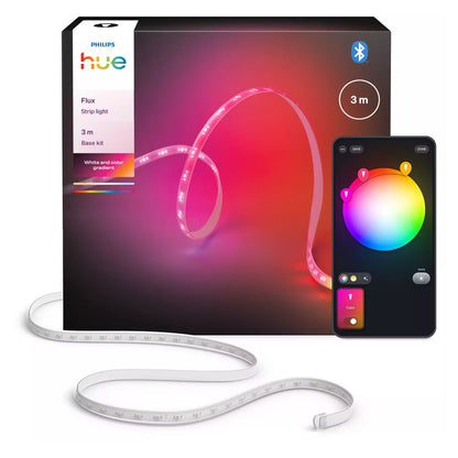 Philips Hue Flux LED-strip RGBW 3 m, lyser pink/lilla, produktæske og app til farvestyring synlig på smartphone.