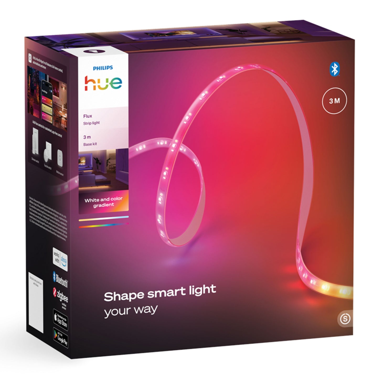 Philips Hue Flux LED-strip 3m RGBW lysliste til indendørs brug med Bluetooth og farvegradient, spiralform på emballage.