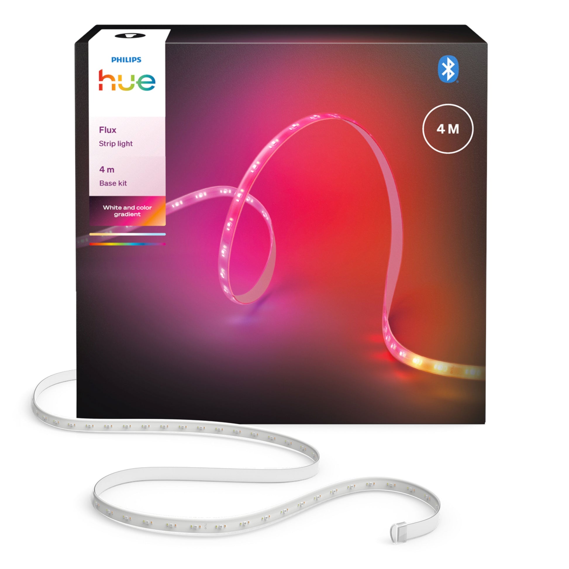 Philips Hue Flux LED-strip RGBW 4m synlig buet med lys og slukket sektion foran æske til indendørs brug.