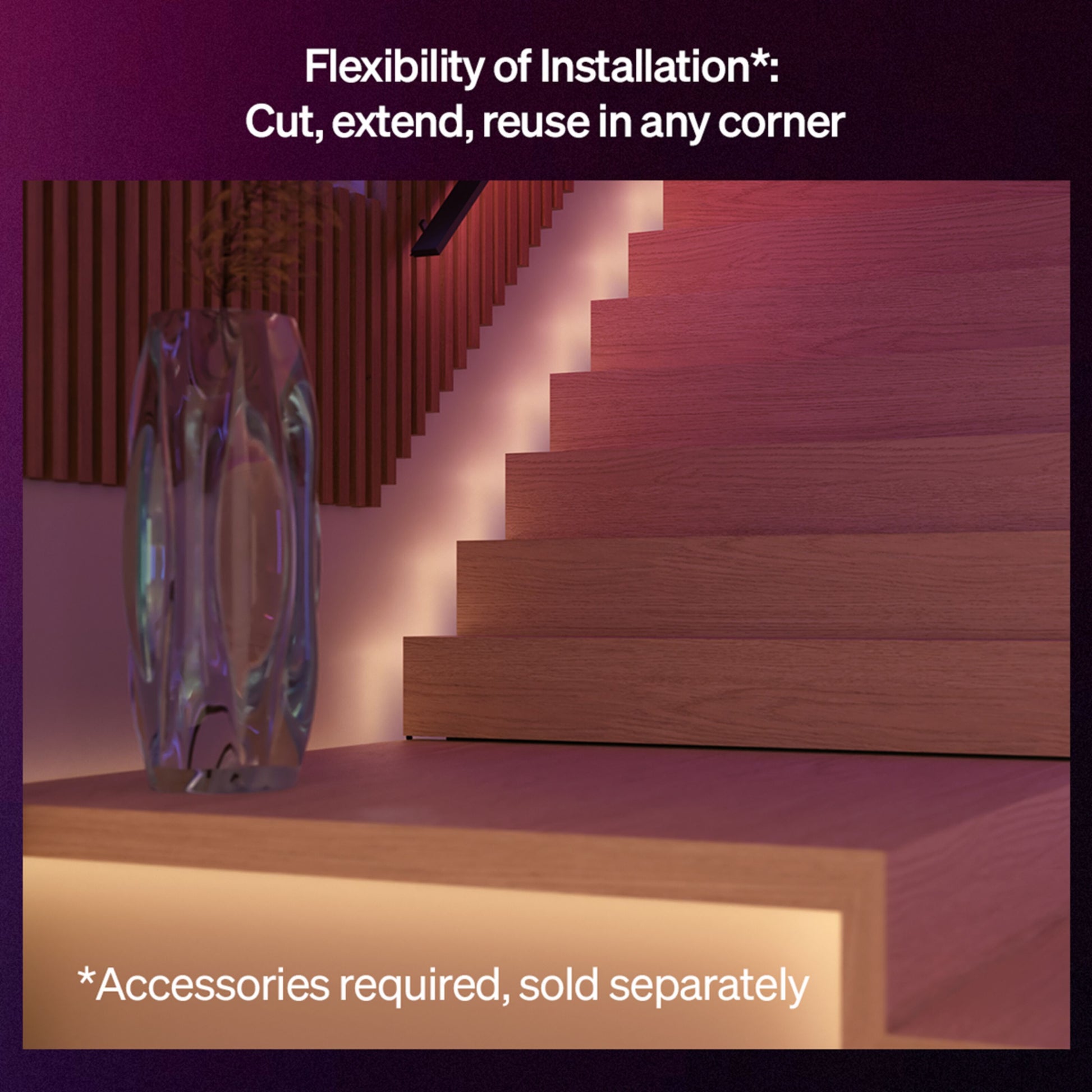 Philips Hue Flux LED-strip 4m RGBW, lyser trappe i pink, tekst: Flexibility of Installation, tilbehør kræves, sælges separat.