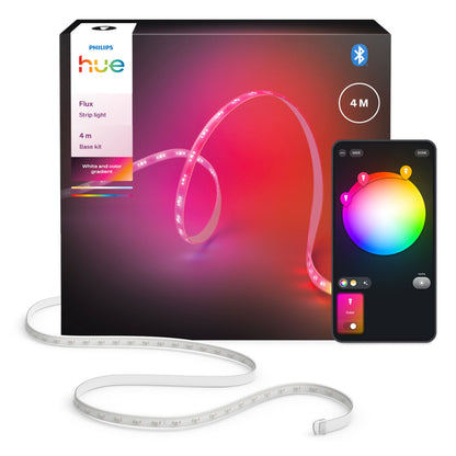 Philips Hue Flux 4 m RGBW LED-strip til indendørs brug i loop foran æske, smartphone med farvevælger-app ved siden af.