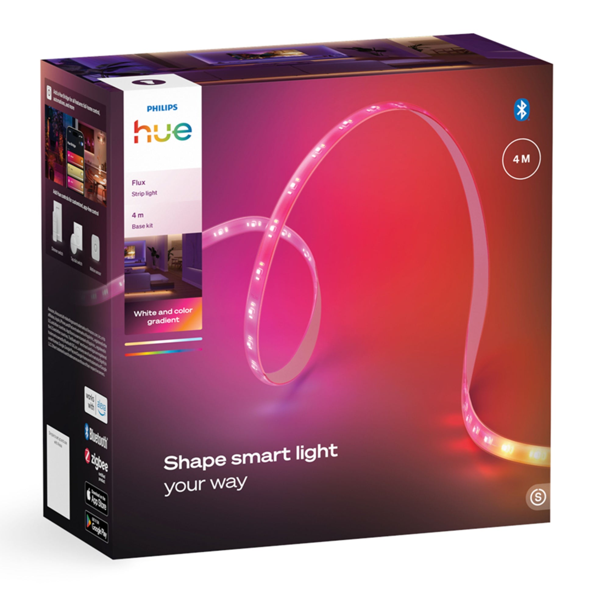 Philips Hue Flux LED-strip 4 m RGBW til smart lys, tekst på æske: Shape smart light your way, farverig baggrund.