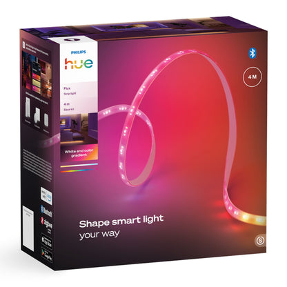 Philips Hue Flux LED-strip 4 m RGBW til smart lys, tekst på æske: Shape smart light your way, farverig baggrund.