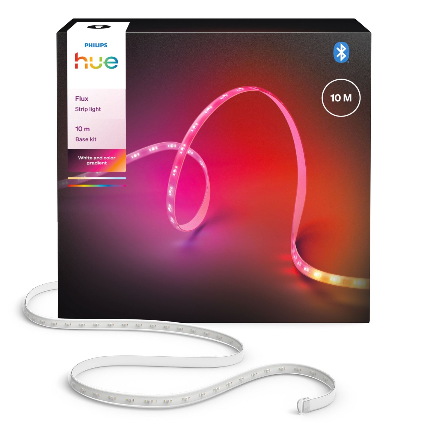 Philips Hue Flux LED-strip 10 m boks, rød-orange lyssynlig LED på æske, hvid ubelyst strip foran.