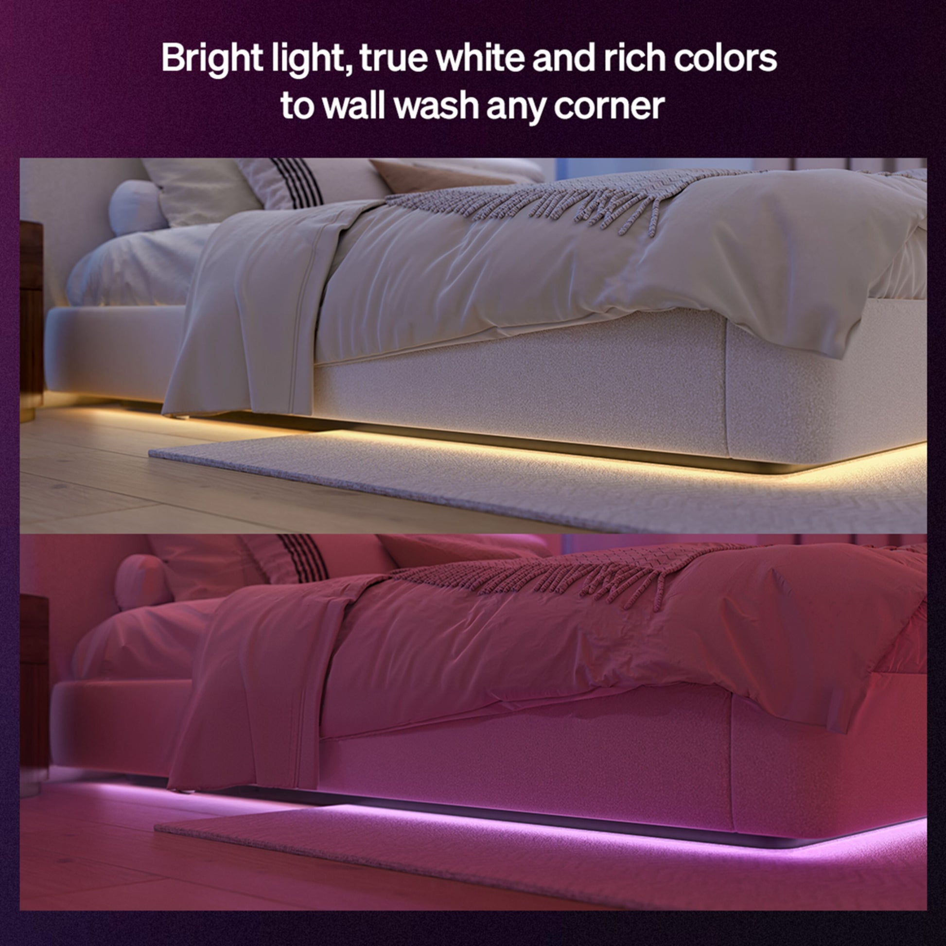 Philips Hue Flux LED-strip 10m under seng, RGBW-lys i varm hvid og lilla, tekst: Klart lys, ægte hvid og rige farver.