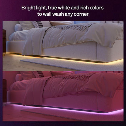 Philips Hue Flux LED-strip 10m under seng, RGBW-lys i varm hvid og lilla, tekst: Klart lys, ægte hvid og rige farver.
