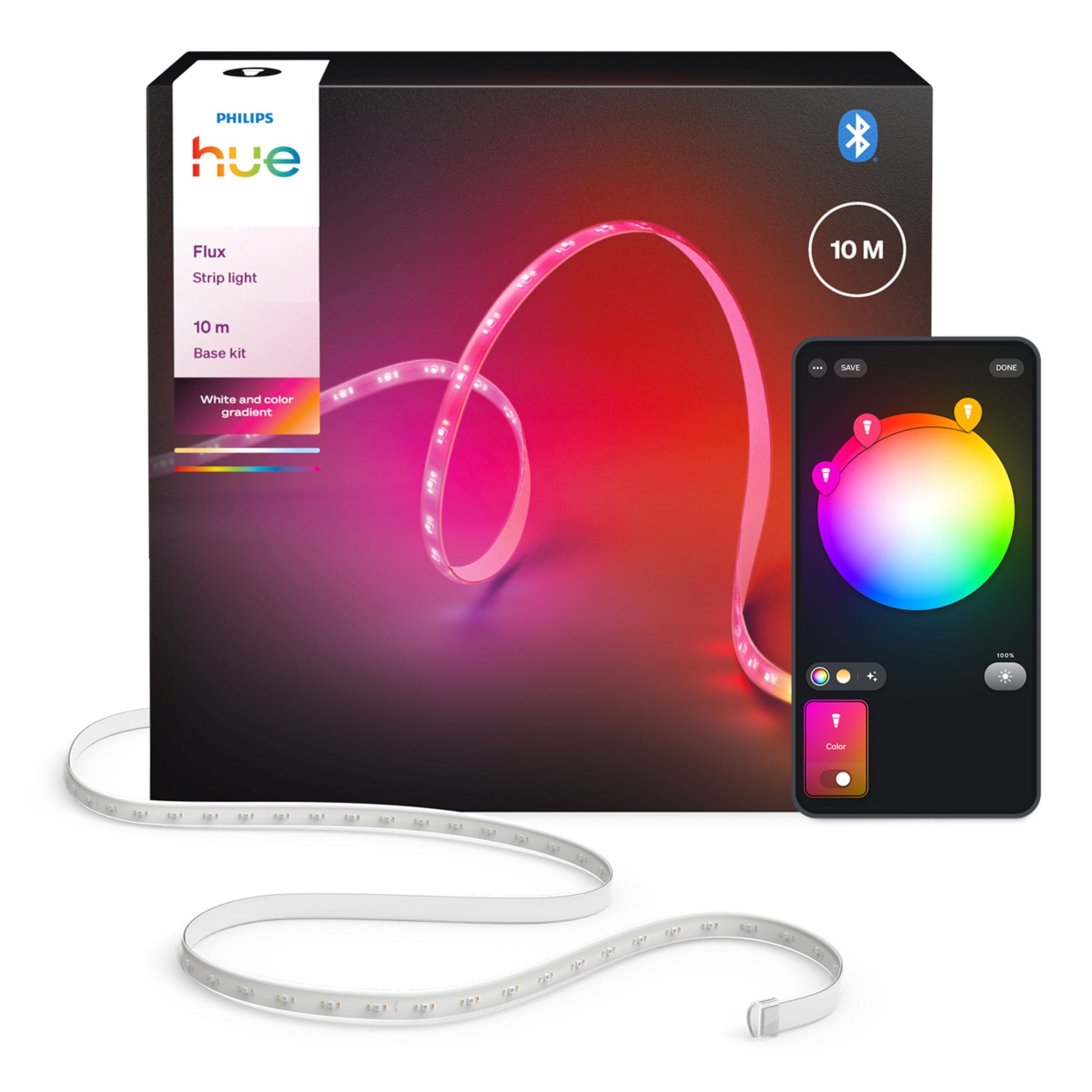 Philips Hue Flux LED-strip RGBW, 10 m, indendørs, vises med smartphone og farvehjul-app.