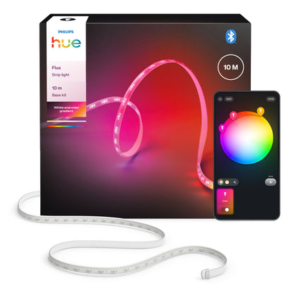 Philips Hue Flux LED-strip RGBW, 10 m, indendørs, vises med smartphone og farvehjul-app.