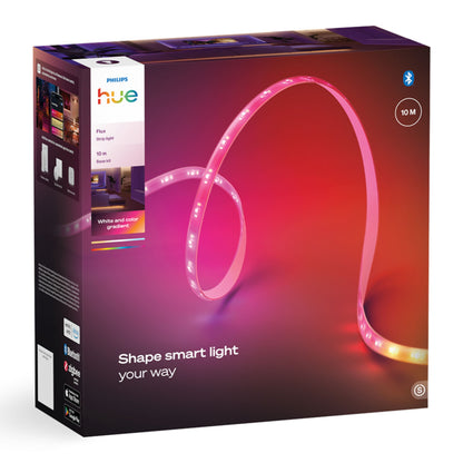 Philips Hue Flux RGBW LED-strip 10m, Bluetooth, fleksibel, til indendørs brug, æske med "Shape smart belysning your way.