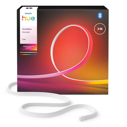 Philips Hue OmniGlow smart lysliste fuld farveskala rullet foran æske med modelnavn og Bluetooth-logo.
