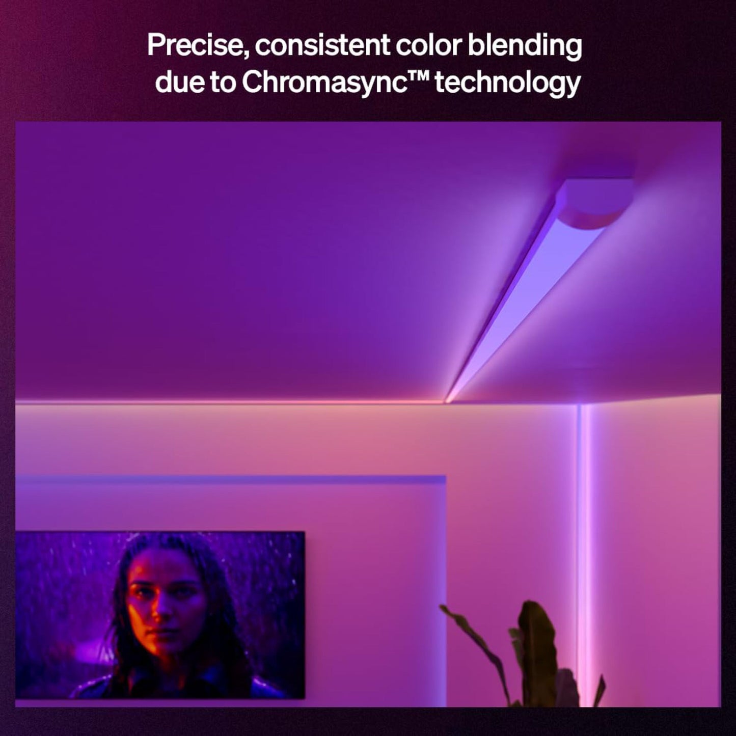 Philips Hue OmniGlow smart lysliste fuld farveskala, lilla belysning, Chromasync™-teknologi vist over tv.