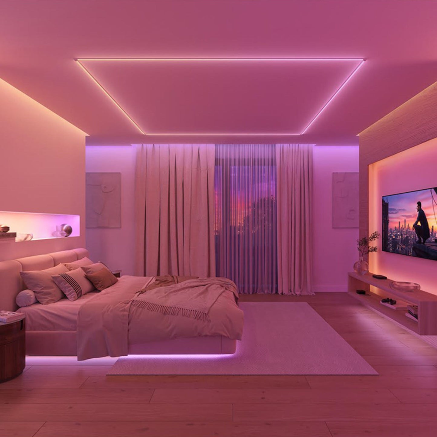 Philips Hue OmniGlow smart lysliste dæmpbar, fuld farveskala, rosa/lilla lys i soveværelse, stor seng, gardiner.