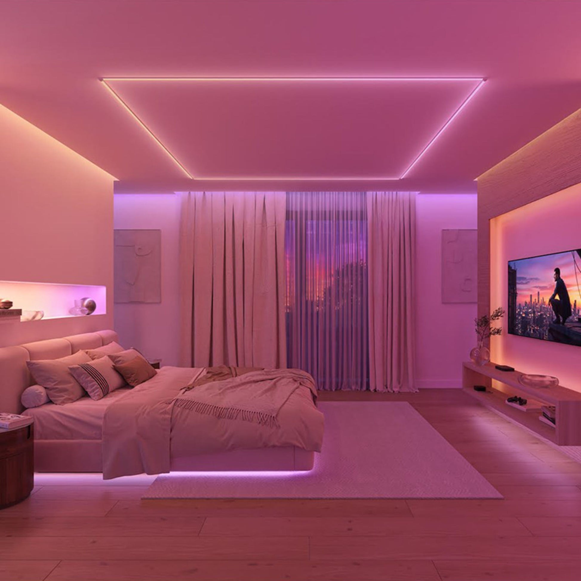Philips Hue OmniGlow smart lysliste dæmpbar, fuld farveskala, rosa/lilla lys i soveværelse, stor seng, gardiner.