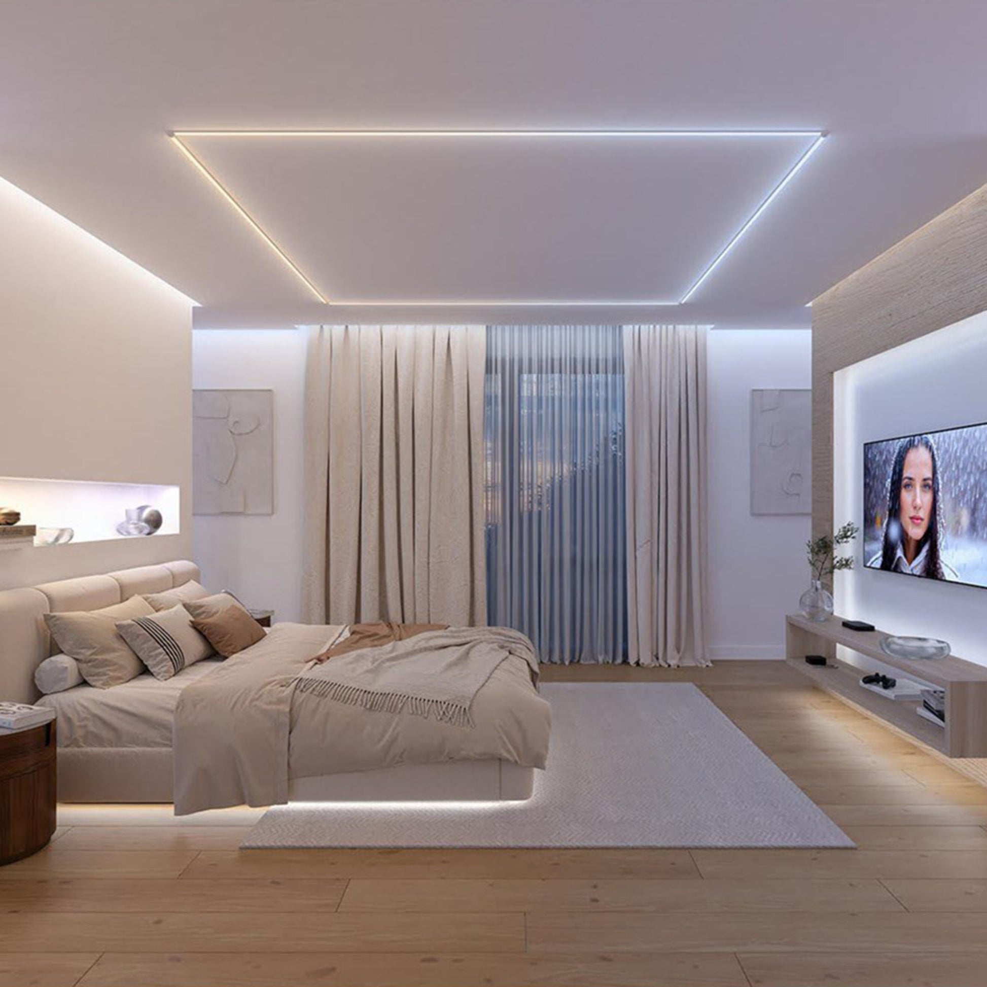 Philips Hue OmniGlow smart lysliste dæmpbar fuld farveskala monteret i soveværelse med beige seng og væghængt TV.