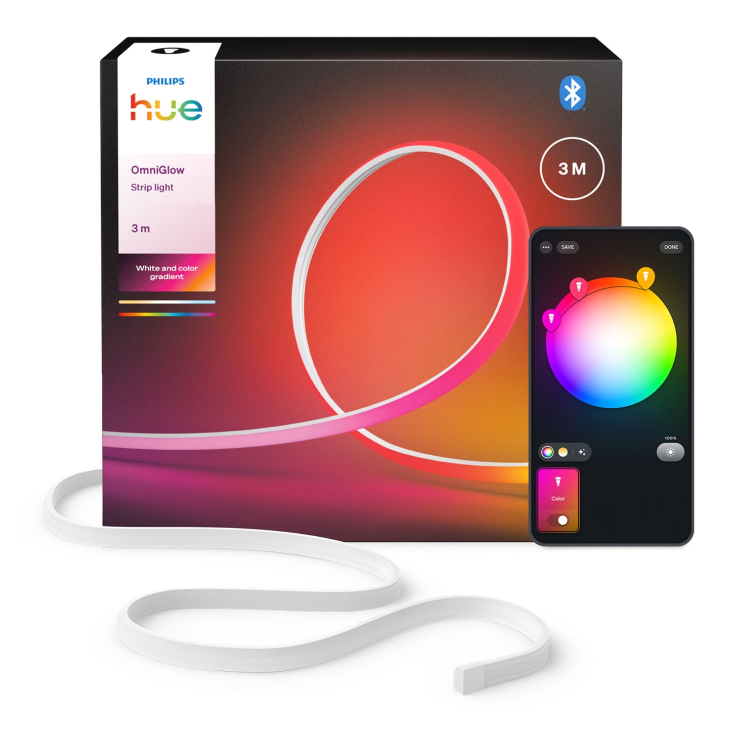 Philips Hue OmniGlow smart lysliste i fuld farveskala oprullet ved æske, smartphone viser farvehjul til lysstyring.