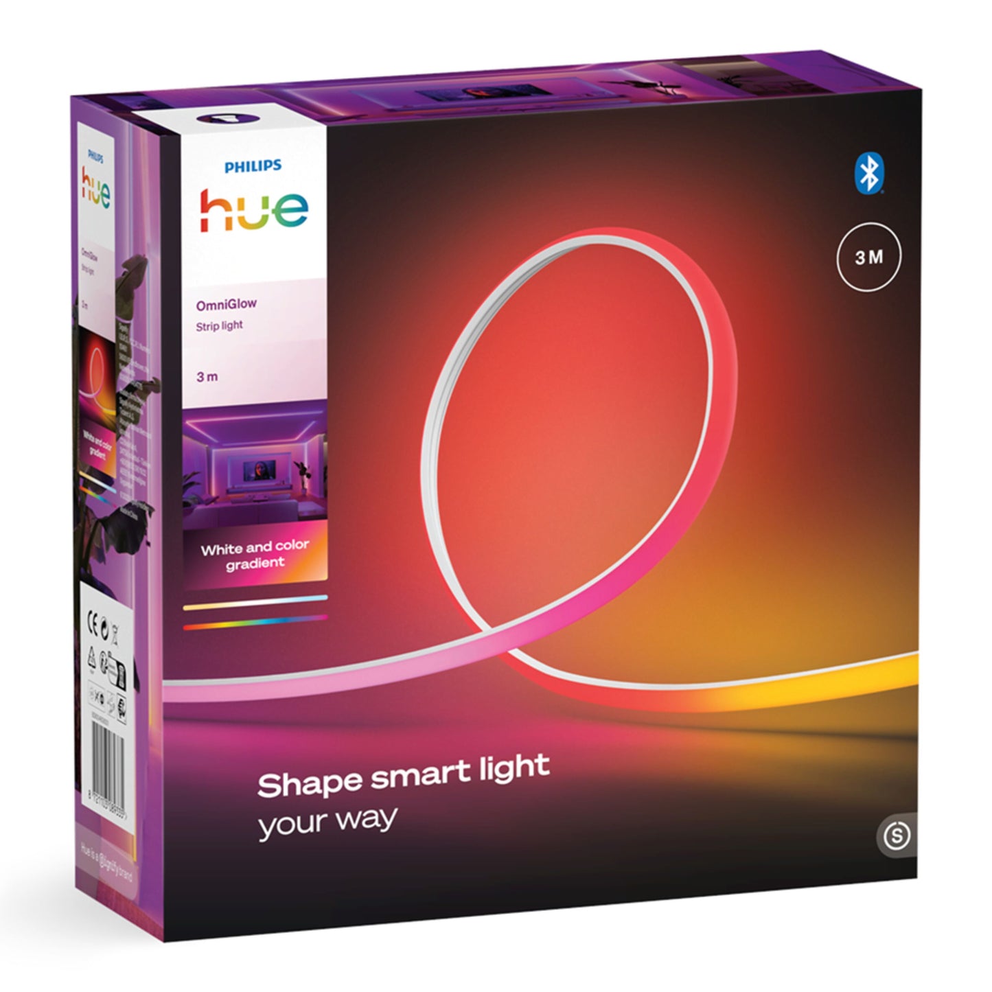 Philips Hue OmniGlow smart lysliste 3m, fuld farveskala, vist i rød-orange gradient, tekst: Hvid og farvegradient.