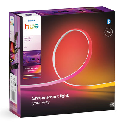 Philips Hue OmniGlow smart lysliste 3m, fuld farveskala, vist i rød-orange gradient, tekst: Hvid og farvegradient.