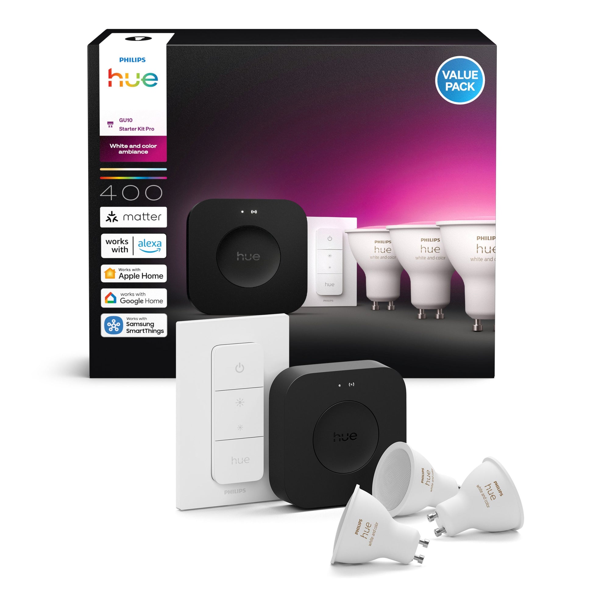 Philips Hue White  Color Ambiance GU10 Startpakke med Bridge Pro, fjernbetjening, retail æske, kompatibel med Alexa, HomeKit, Google Assistant.