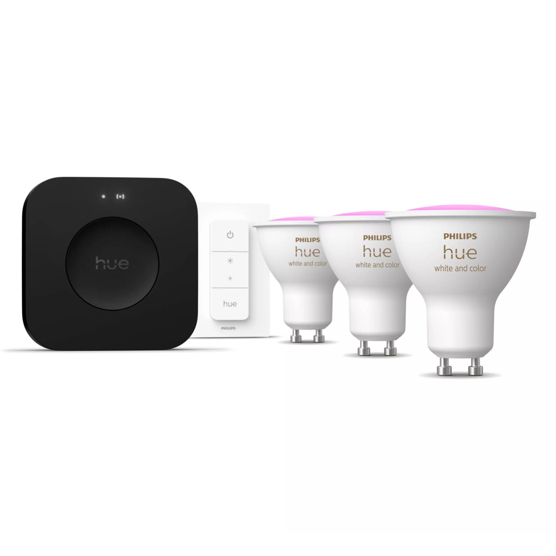 Philips Hue White  Color Ambiance GU10 startpakke, sort Bridge Pro, fjernbetjening, 3 GU10 LED rosa-lys.
