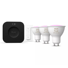Philips Hue White  Color Ambiance GU10 startpakke, sort Bridge Pro, fjernbetjening, 3 GU10 LED rosa-lys.