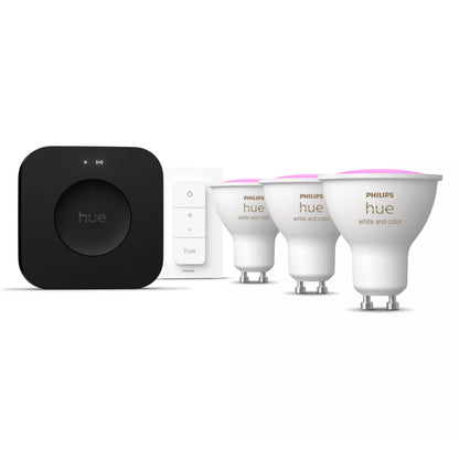 Philips Hue White  Color Ambiance GU10 startpakke, sort Bridge Pro, fjernbetjening, 3 GU10 LED rosa-lys.