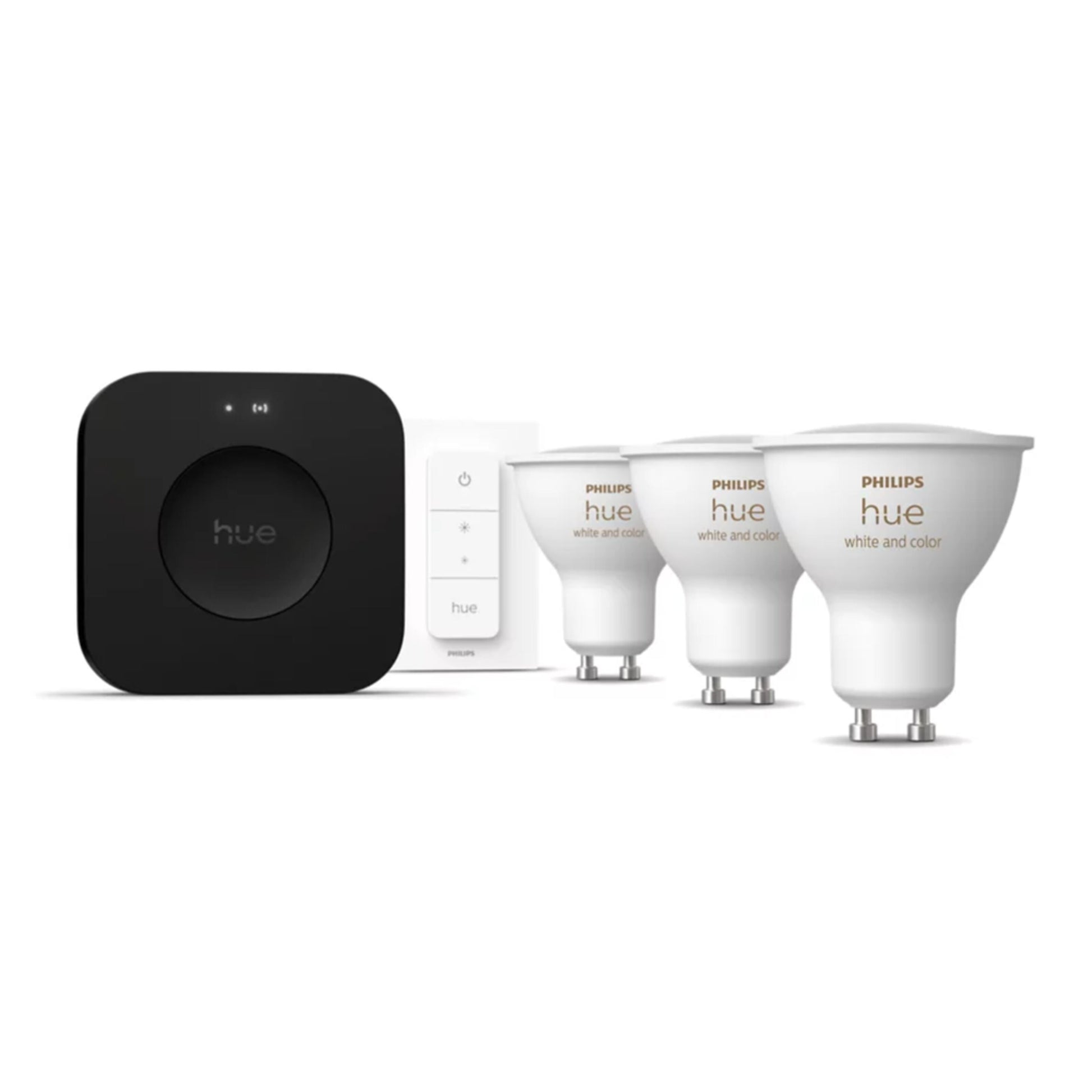 Philips Hue White  Color Ambiance GU10 startpakke med sort Bridge Pro, hvid trådløs dæmper og 3 GU10 smartpærer.