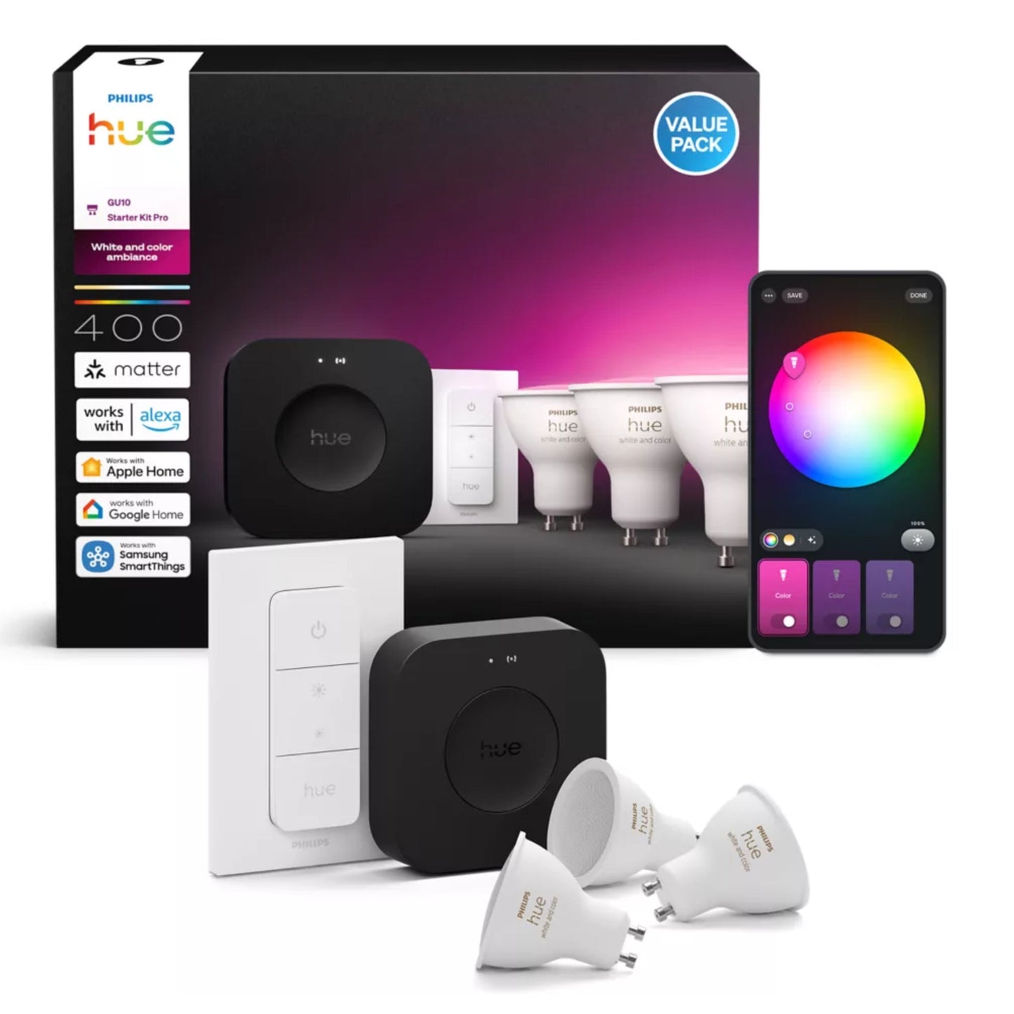 Philips Hue White  Color Ambiance GU10 startpakke med Bridge Pro, GU10-pærer, hub, fjernbetjening, app-styring.