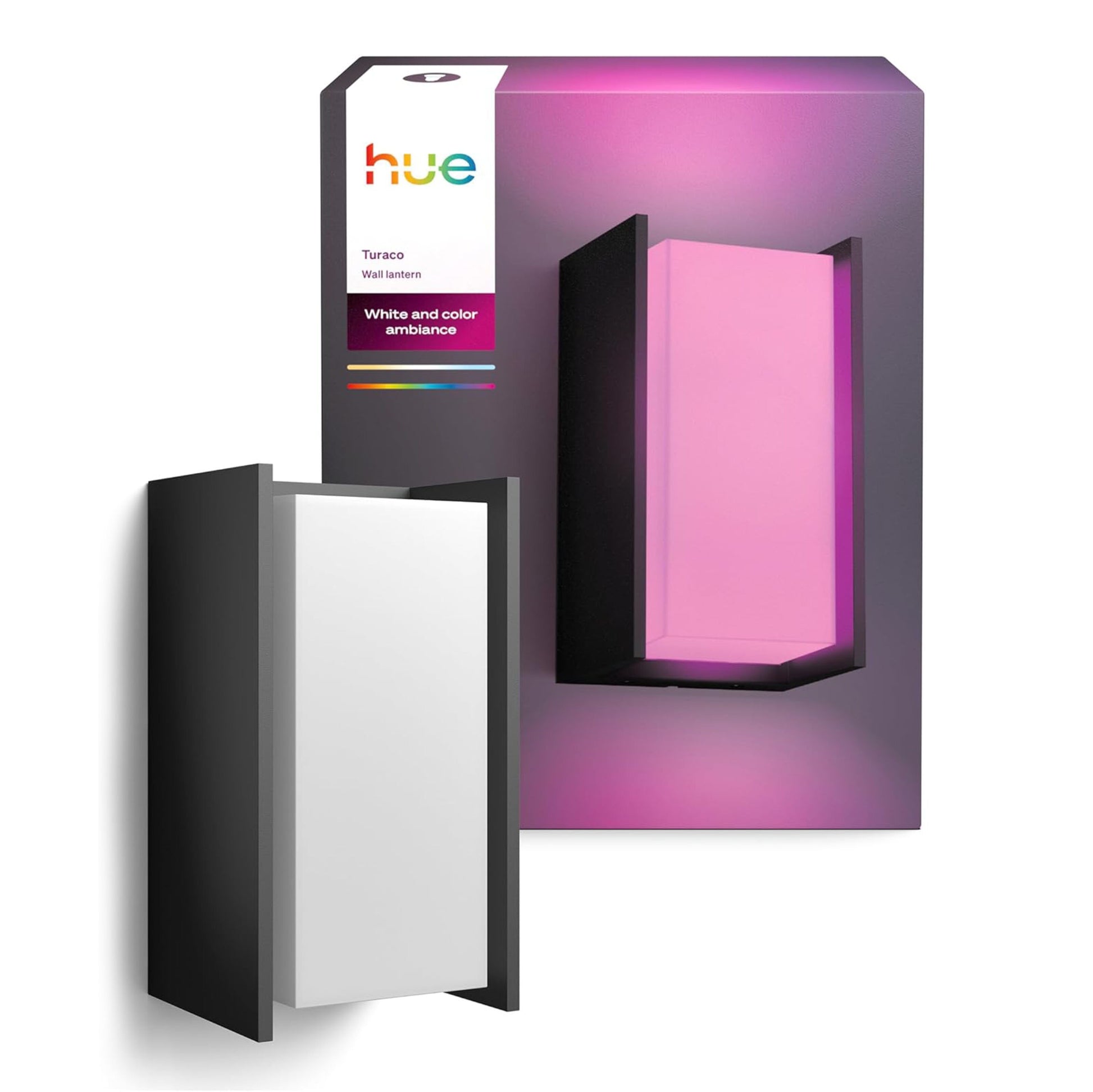 Philips Hue Turaco udendørs væglampe antracit med pink-lilla lys foran original emballage.