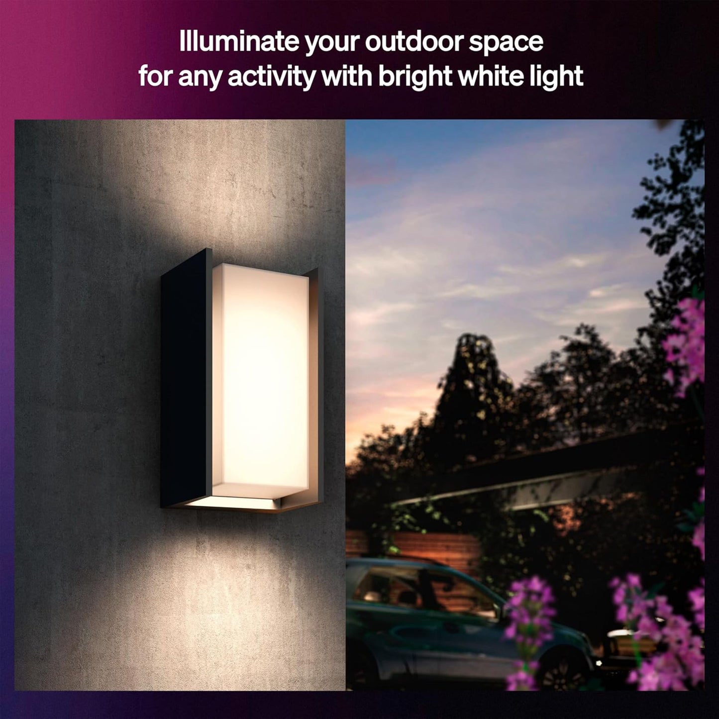 Philips Hue Turaco udendørsvæglampe, grå væg, træer og hus i baggrunden, tekst: Oplys udendørsarealet.