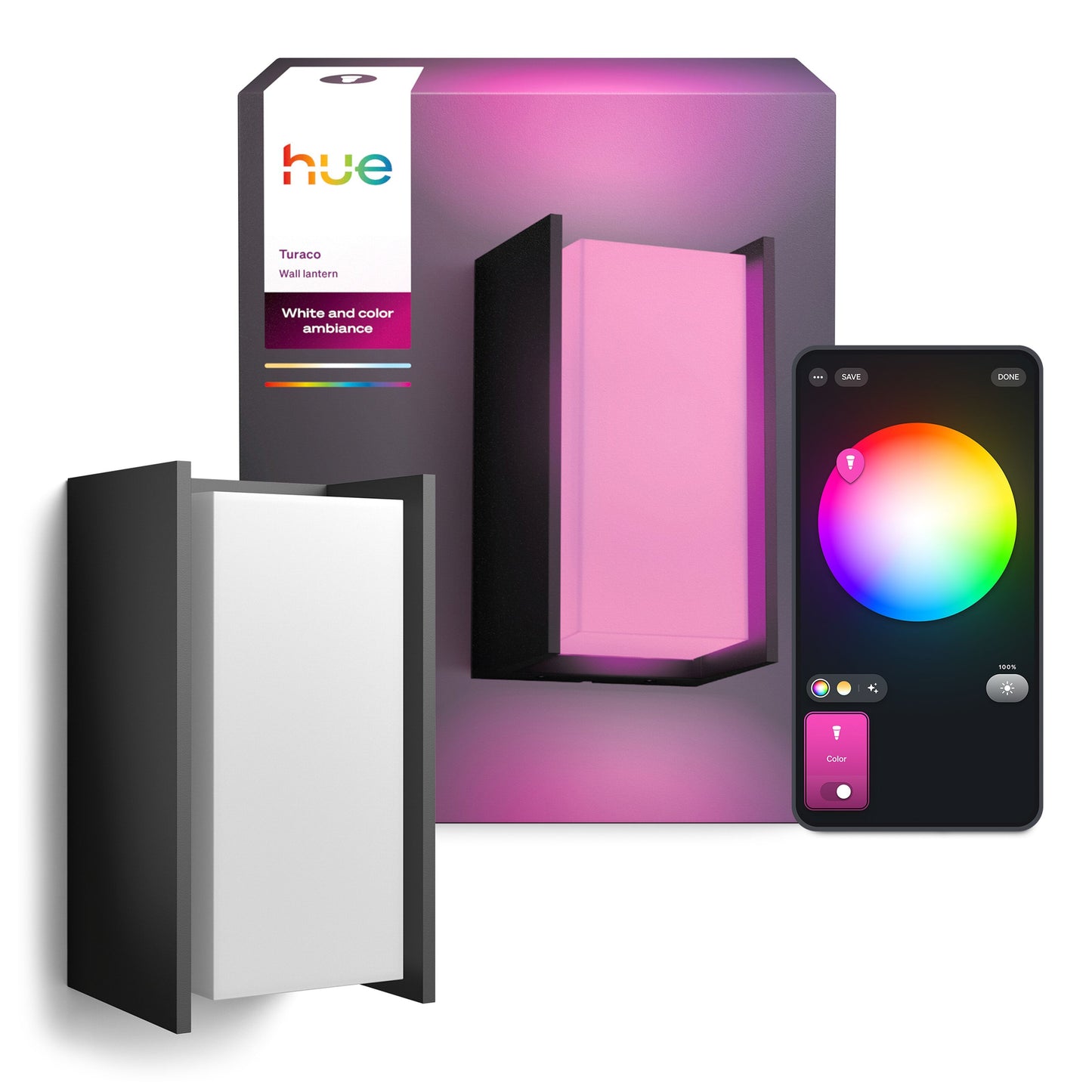 Philips Hue Turaco udendørs væglampe med emballage, lyser pink, smartphone viser farvehjul til lysstyring.