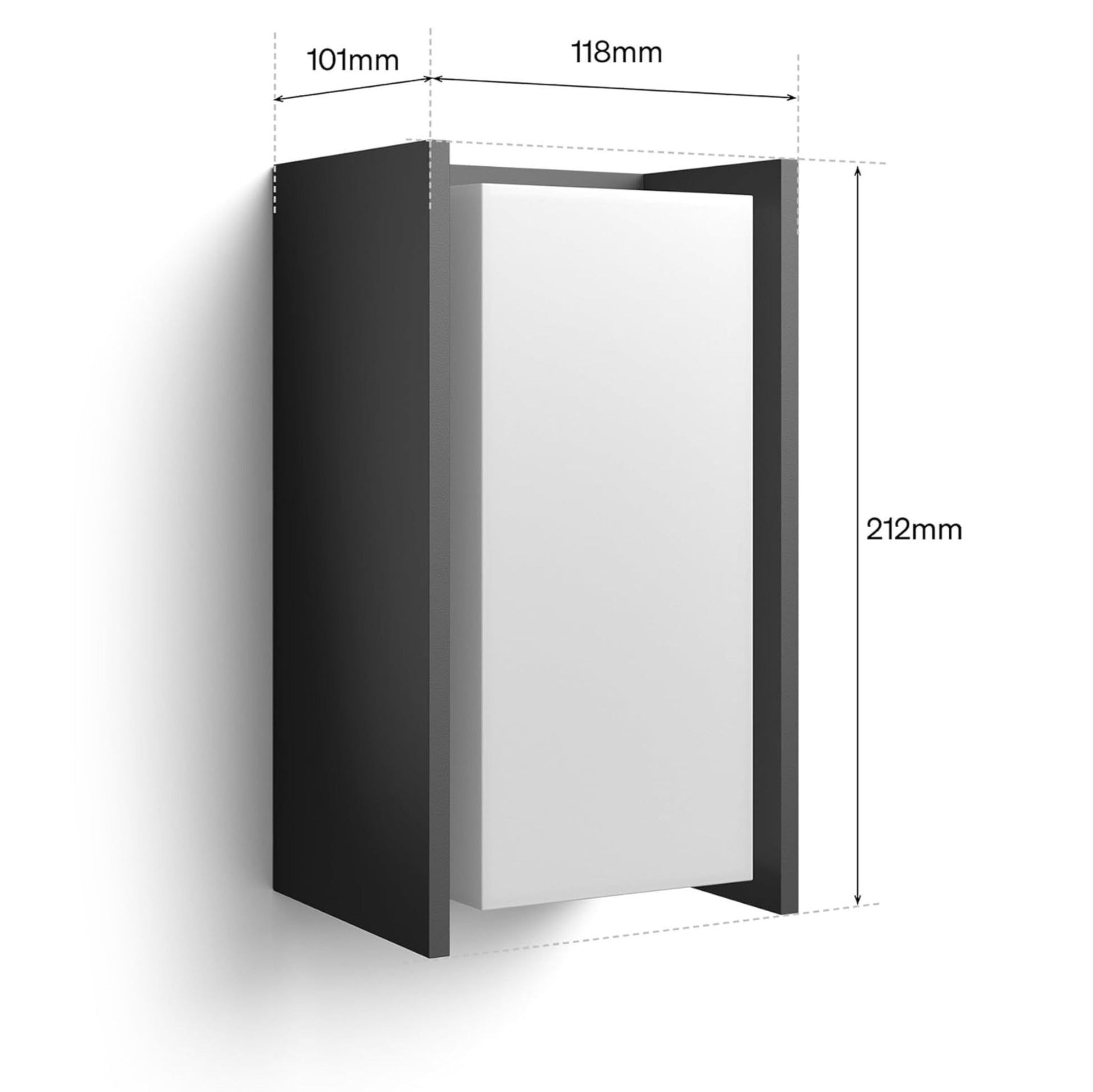 Philips Hue Turaco udendørs væglampe, antracit, rektangulær med hvid front og sorte sider, 101x118x212 mm.