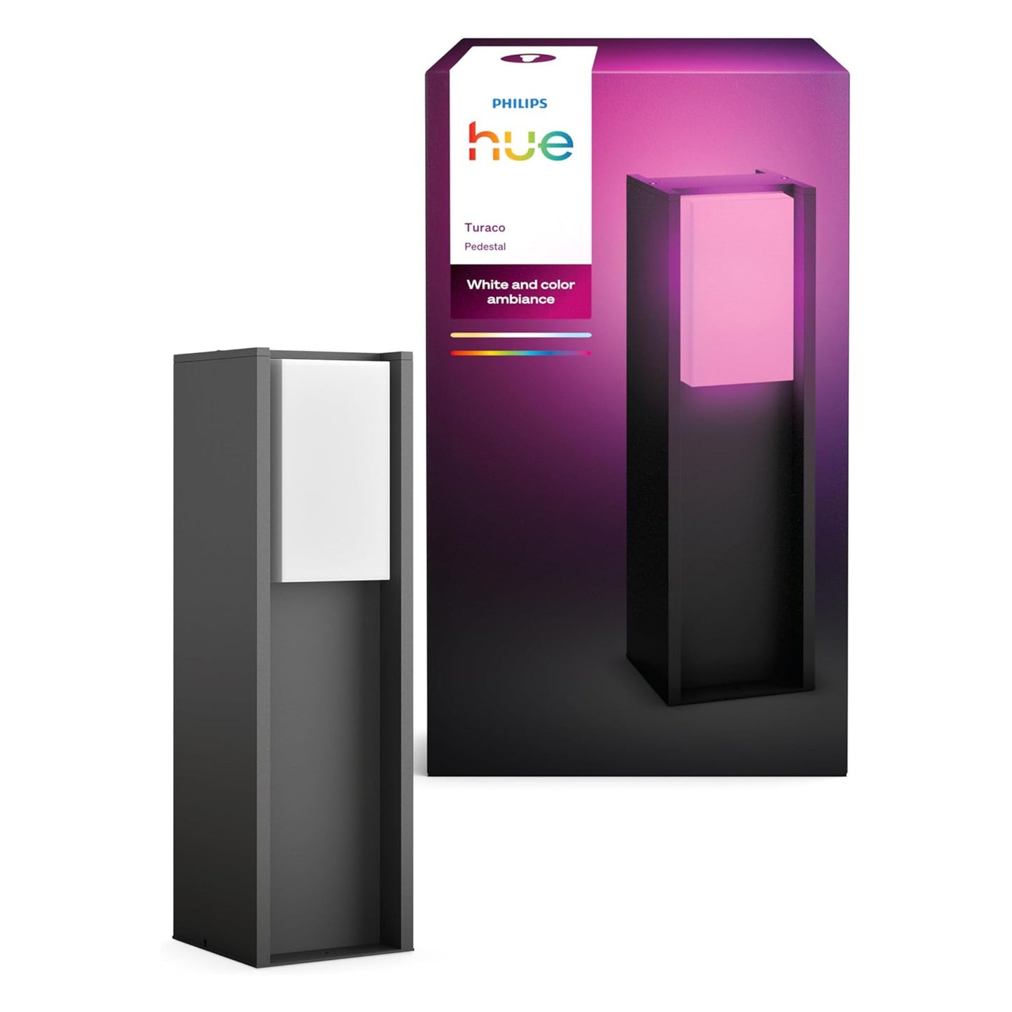 Philips Hue Turaco udendørslampe antracit ved siden af emballage, synligt antracit stel og lilla/lyserød belysning.