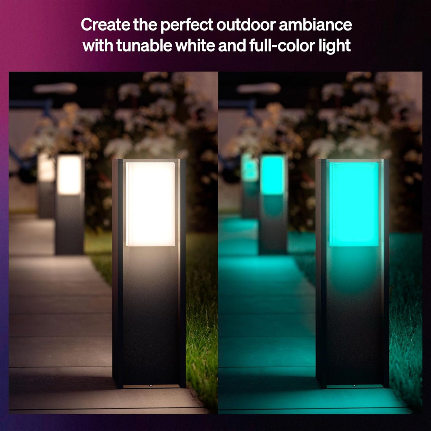 Philips Hue Turaco udendørslampe antracit, pillemodel med varmt hvidt lys til venstre og farvet lys til højre.