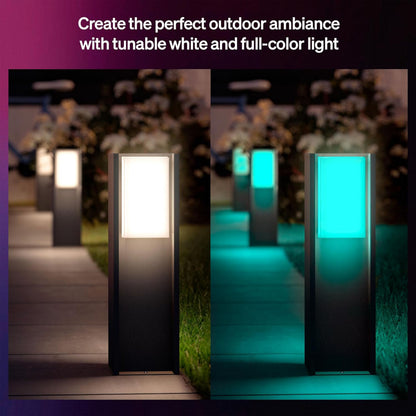 Philips Hue Turaco udendørslampe antracit, pillemodel med varmt hvidt lys til venstre og farvet lys til højre.