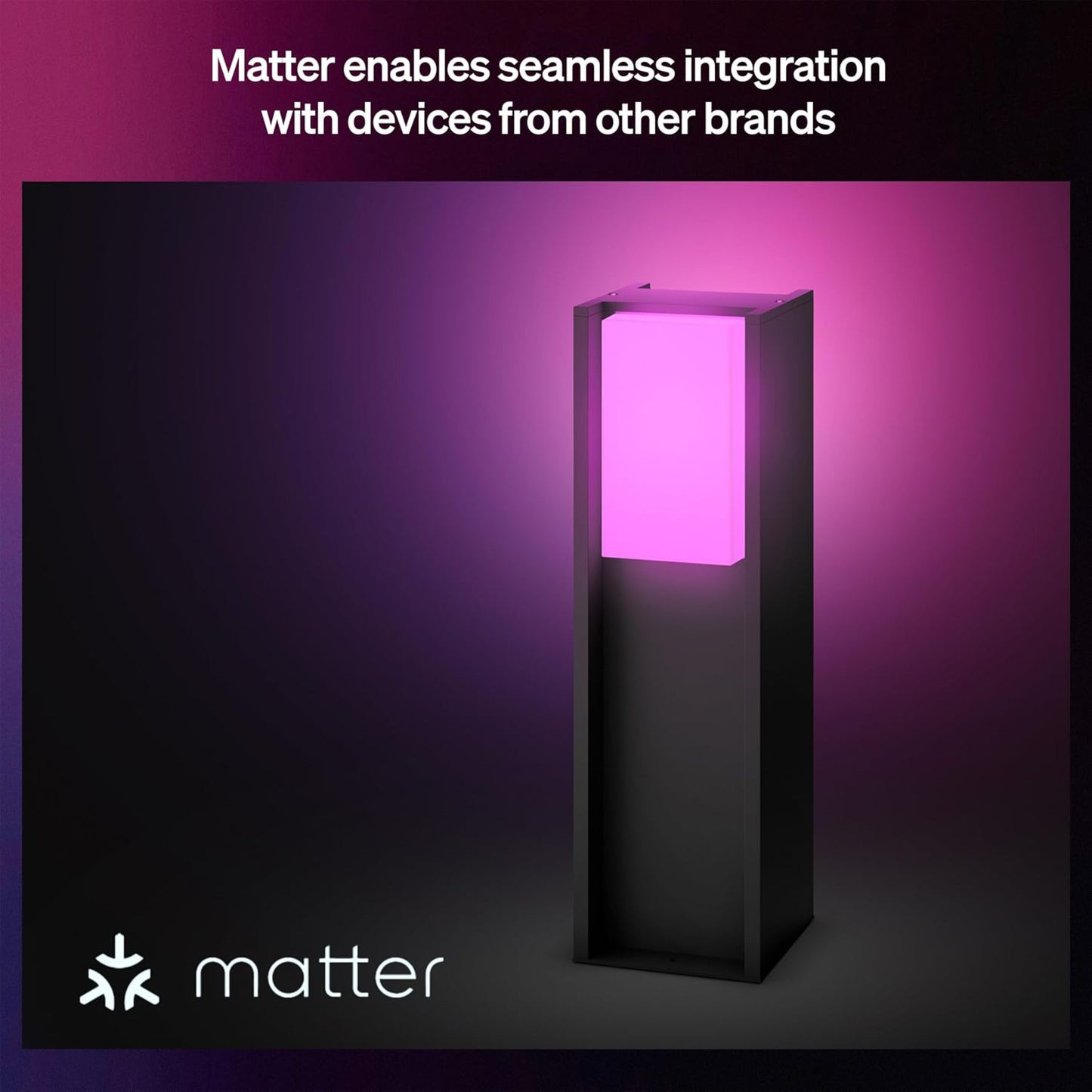 Philips Hue Turaco ude-pillelampe antracit, farverigt lys, Matter-logo nederst tv, tekst om Matter-integration foroven.