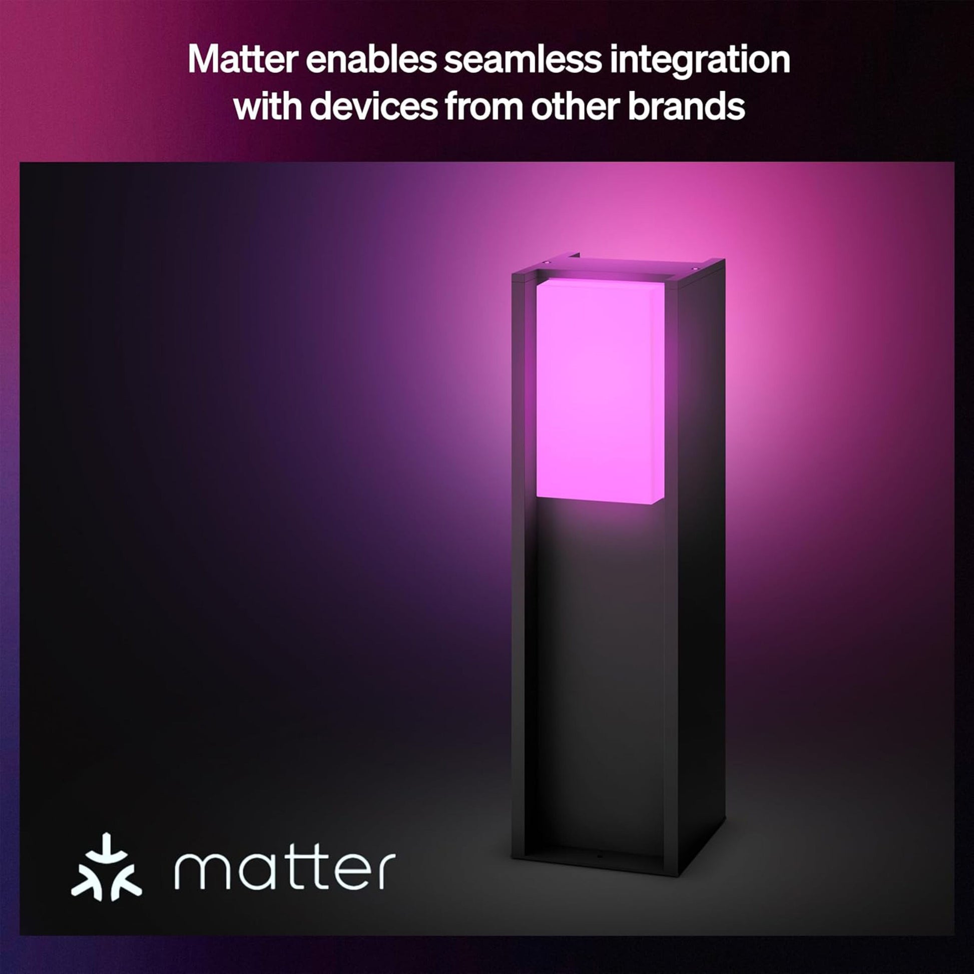 Philips Hue Turaco ude-pillelampe antracit, farverigt lys, Matter-logo nederst tv, tekst om Matter-integration foroven.