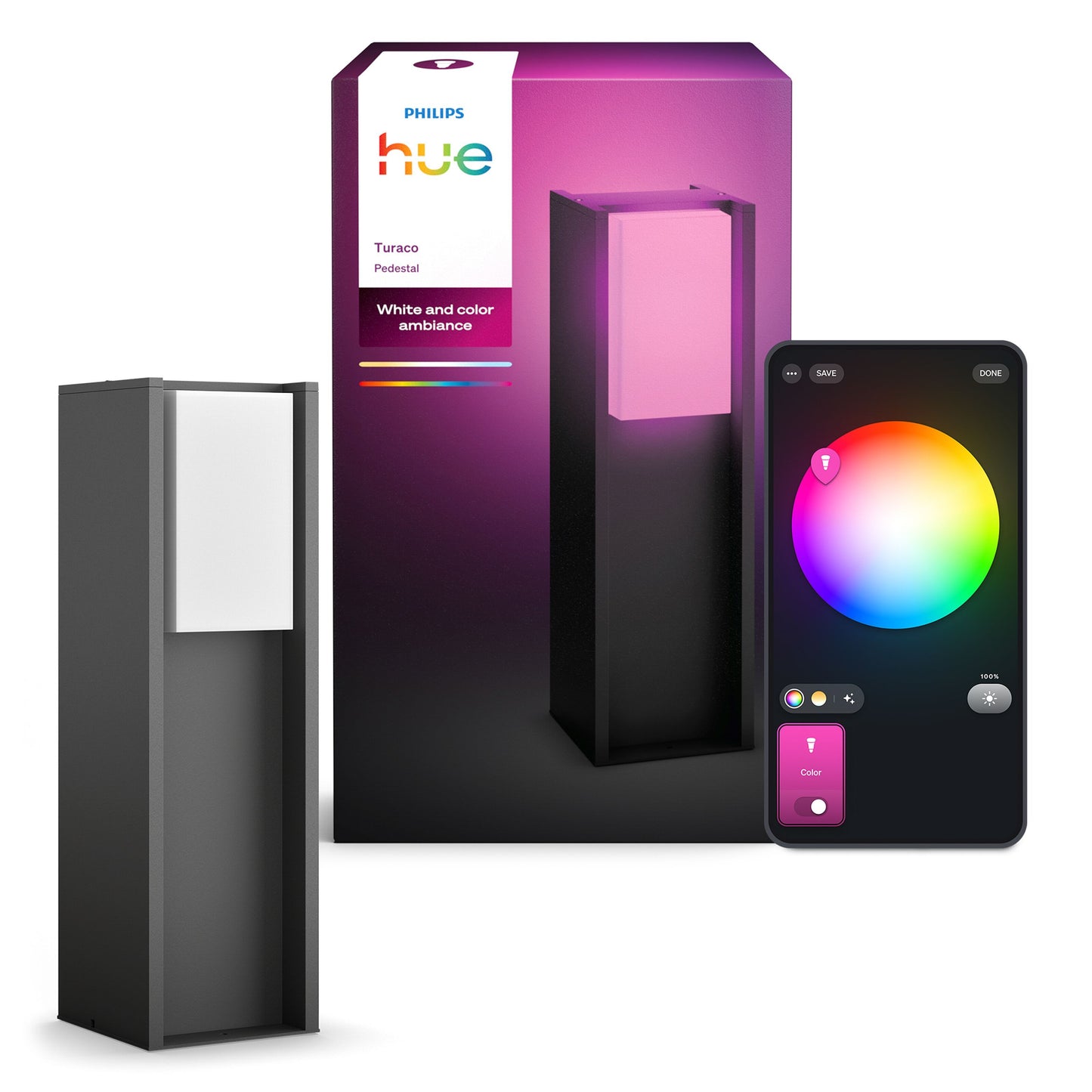 Philips Hue Turaco udendørslampe antracit ved æske, smartphone med farvet lysstyringsinterface vises.