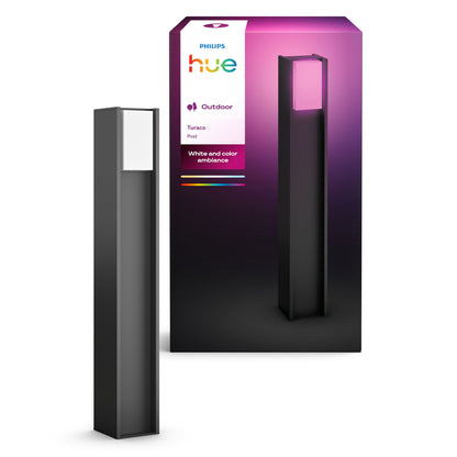 Philips Hue Turaco antracit pære White and Color Ambiance ved emballage med lilla og pink baggrund.
