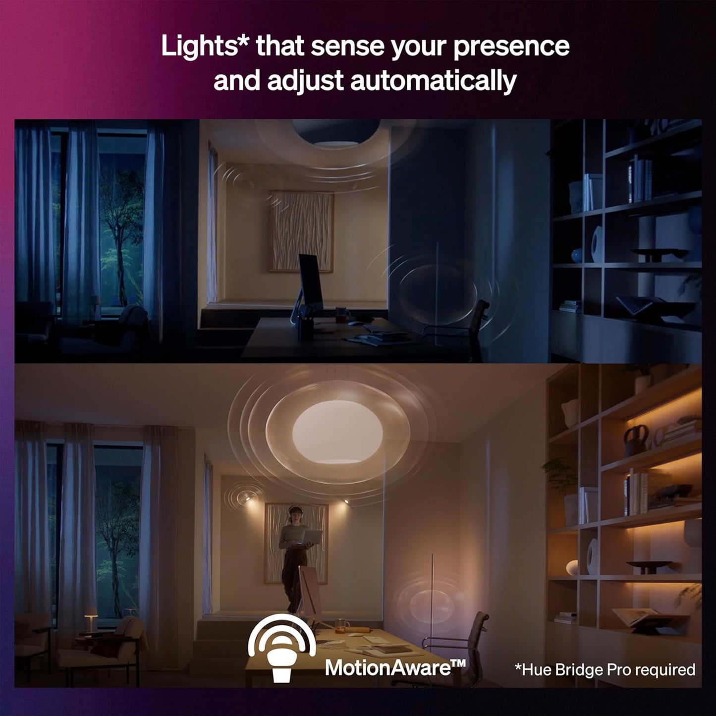 Philips Hue Turaco pære White og Color Ambiance Antracit lyser op automatisk, MotionAware-logo synligt.