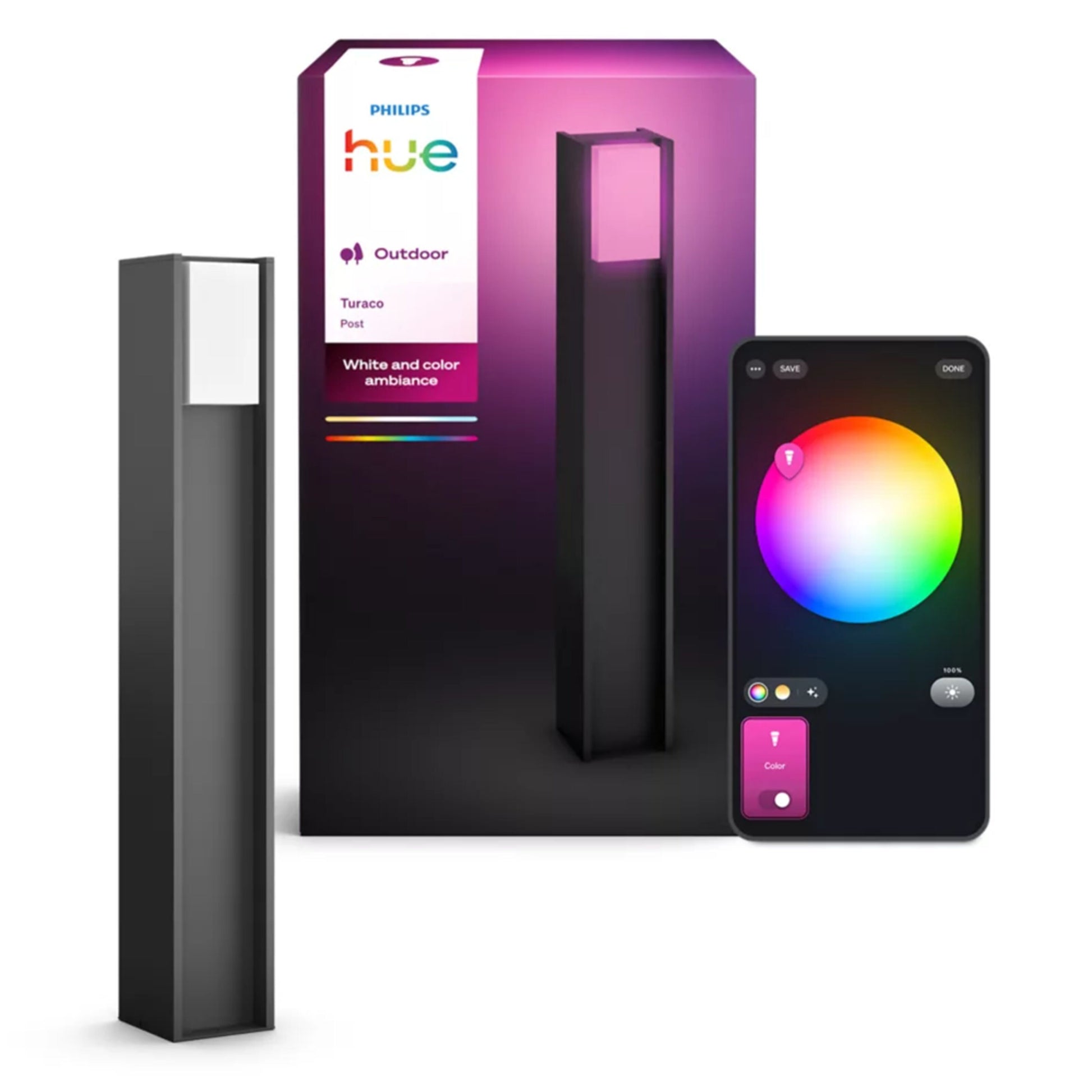 Philips Hue Turaco pære White and Color Ambiance antracit ved original æske, smartphone viser farvehjul til lysstyring.