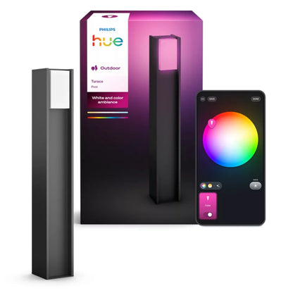 Philips Hue Turaco pære White and Color Ambiance antracit ved original æske, smartphone viser farvehjul til lysstyring.