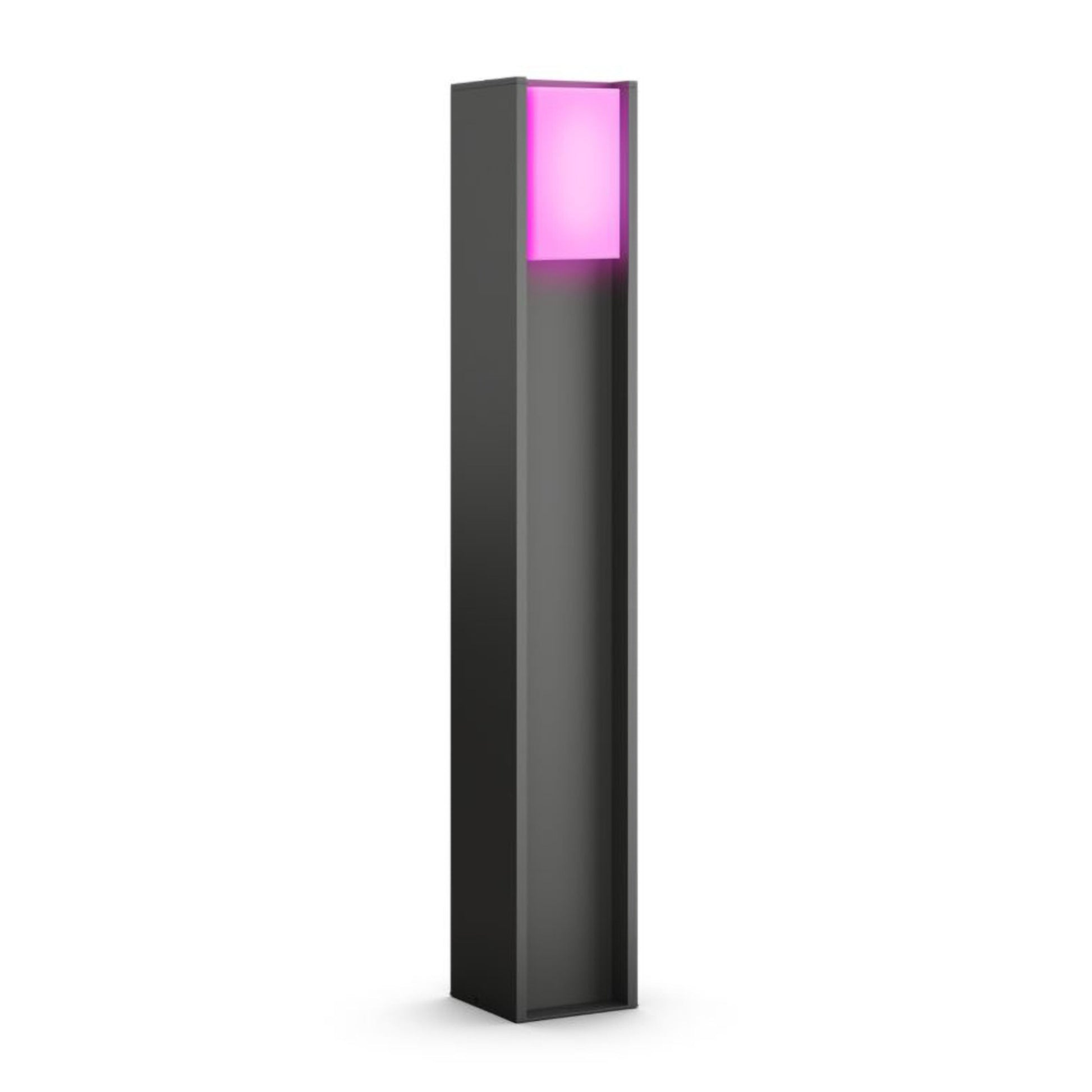 Philips Hue Turaco pære White and Color Ambiance antracit, sort rektangulær lampe lyser lilla øverst.