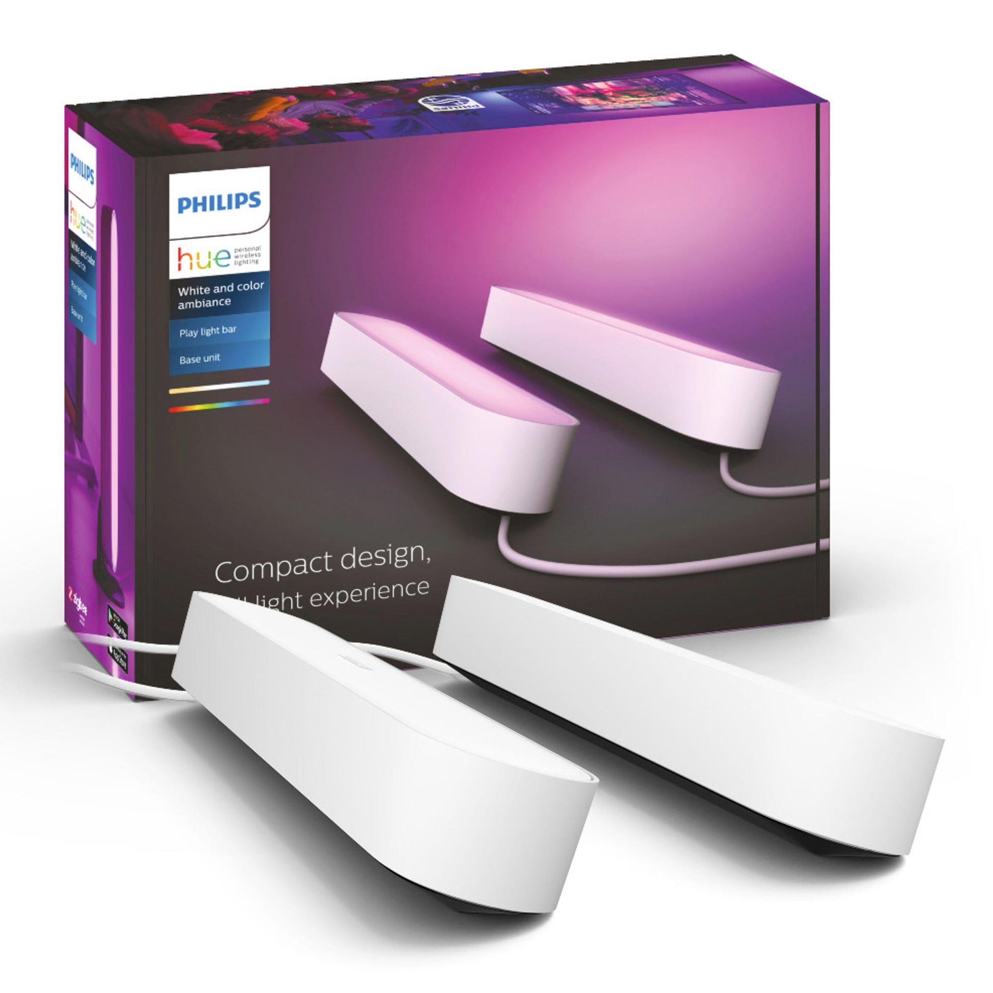 Philips Hue Play light bars 2-pak hvid med synlig ledning foran farverig original emballage.