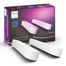 Philips Hue Play light bars 2-pak hvid med synlig ledning foran farverig original emballage.