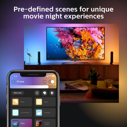 Philips Hue Play smart lysliste 2-pak dæmpbar, smartphone-app viser belysningsscener til TV, tekst med scener.