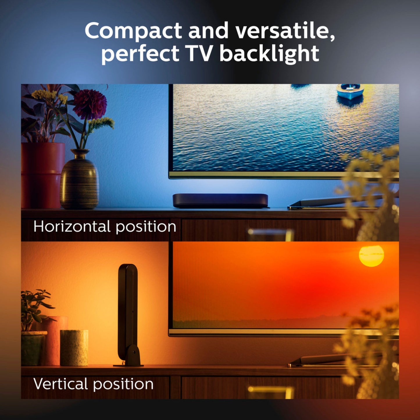 Philips Hue Play lysliste 2-pak Hvid bruges som TV-baggrundsbelysning i blå og orange, placeret blandt planter.