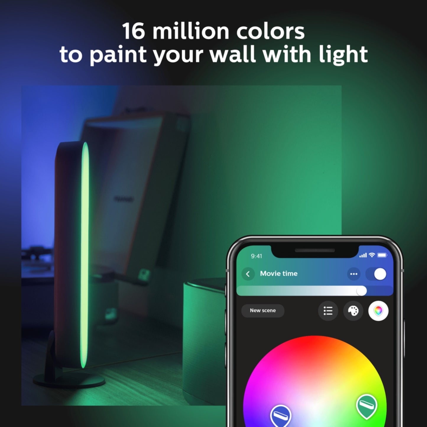 Philips Hue Play Light Bar 2-pak hvid, lyser grønt, app med farvehjul og lysstyring, teksten "16 millioner farver.