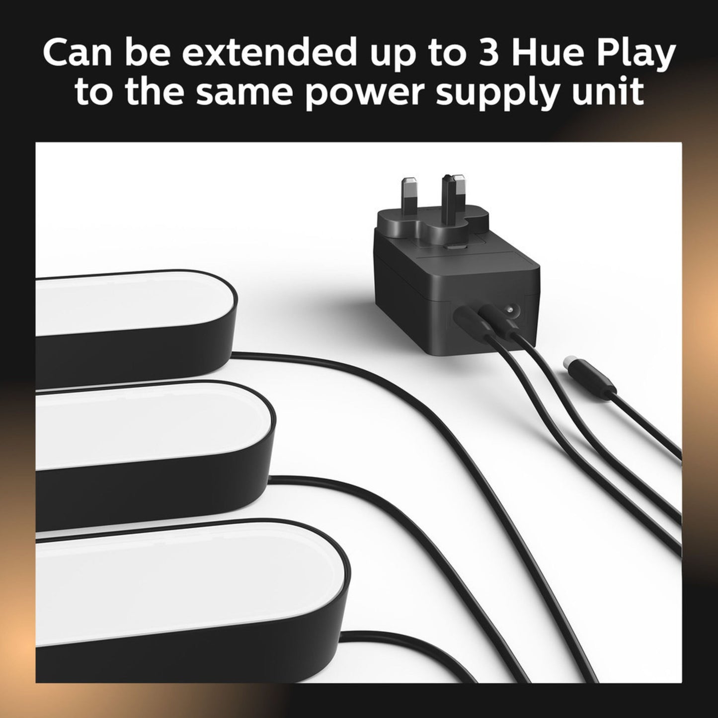 Philips Hue Play lysbar 2-pak hvid med strømforsyning og tre kabler til op til tre lyslister, dæmpbart smartlys.